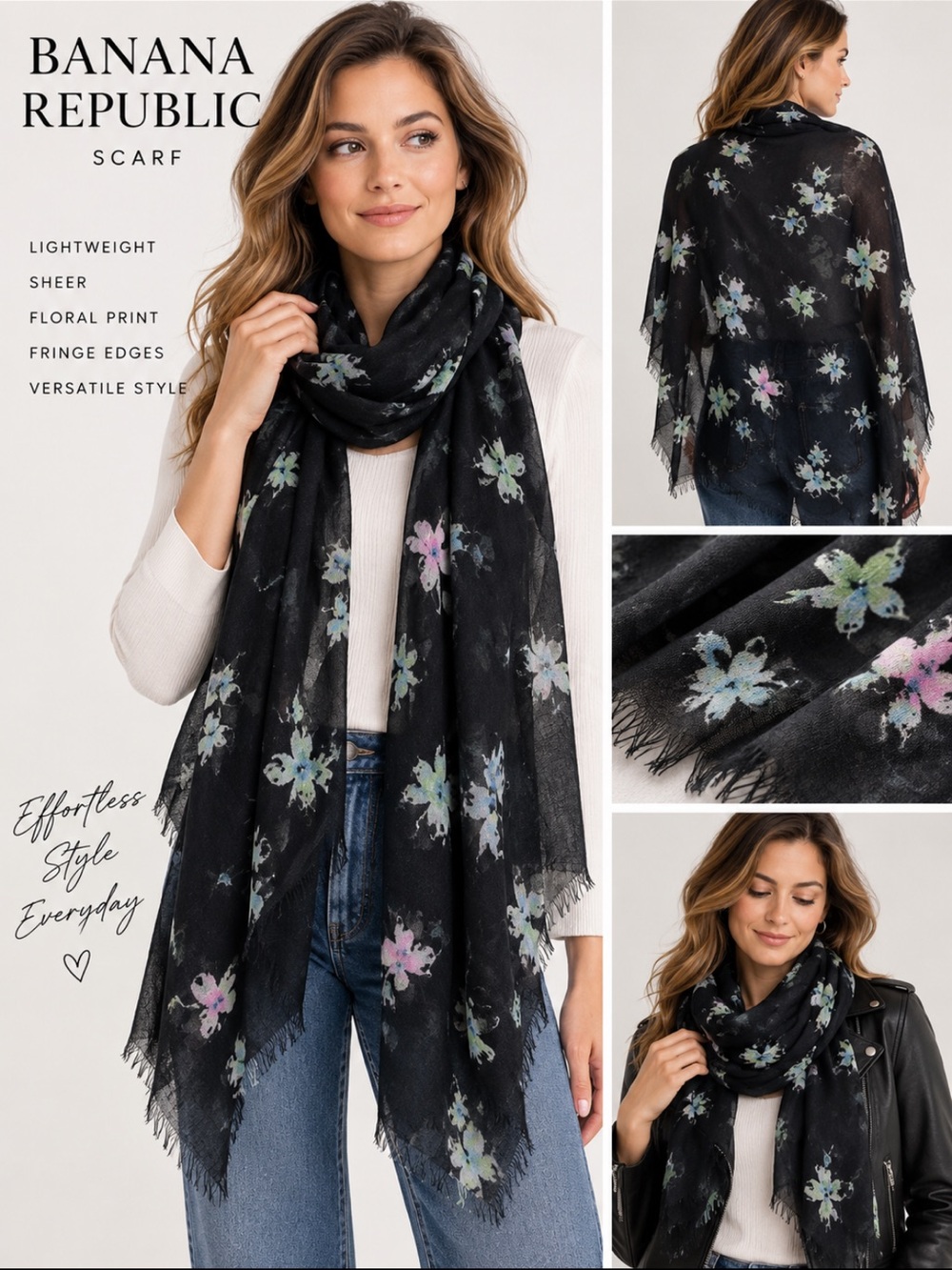 Banana Republic Black Floral Sheer Scarf Lightweight Fringe Cottagecore Boho